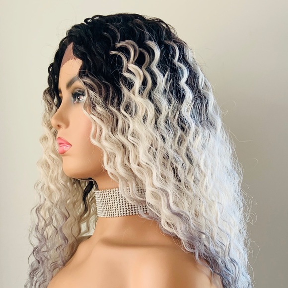 Wavy 28” Ombre White with Blue Lace Front Premium Fiber Wig - Picture 10 of 13